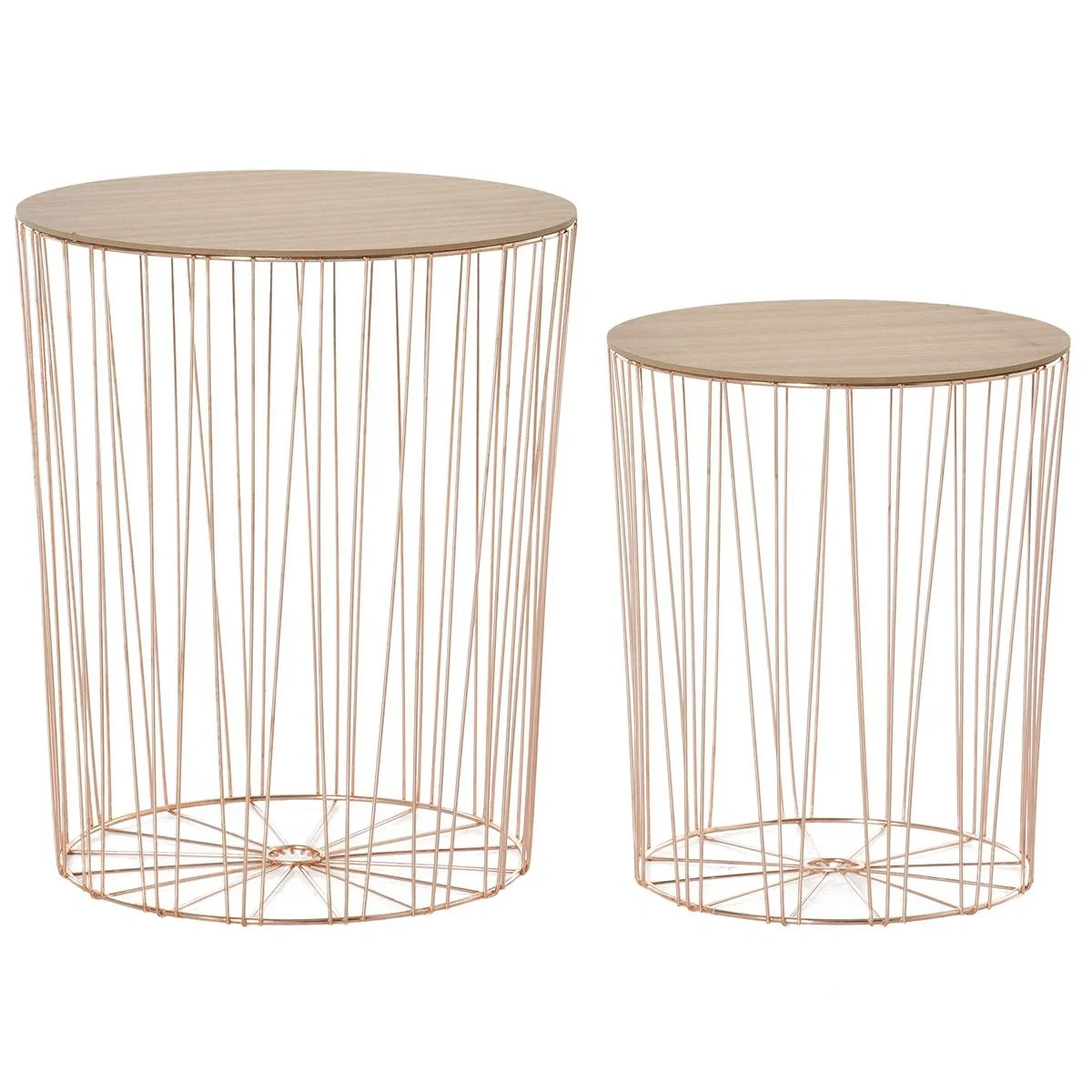 Beistelltisch mit Stauraum 2er Set Metall Korb mit Holzdeckel Nachttisch Natur+Rosa Gold Ø40,7 x 49,5 cm Ø33,8 x 40,8 c - 4