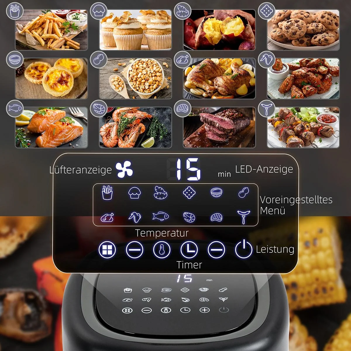 Heißluftfritteuse 3 L 1300W mit 12 Menüs LED-Display Antihaftbeschichteter Korb Schwarz 29,5 x 23,8 x 30,3 cm - 5