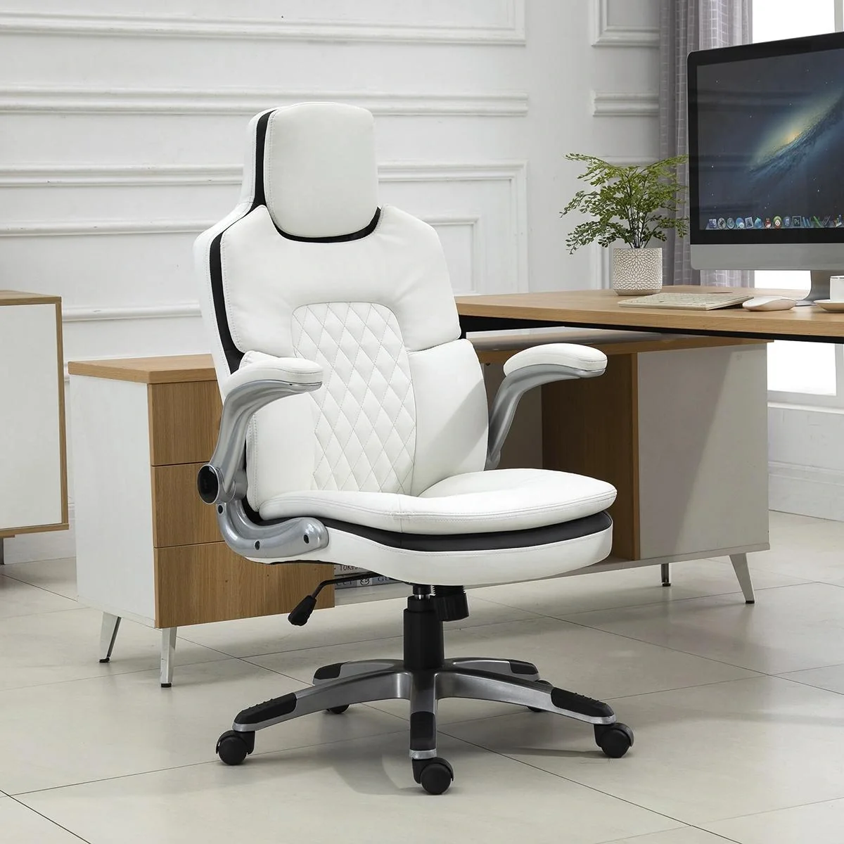 Ergonomischer Bürostuhl mit klappbare Armlehnen, Höhenverstellbarer Schreibtischstuhl mit Wippfunktion, Drehstuhl, PU, 6 - 3