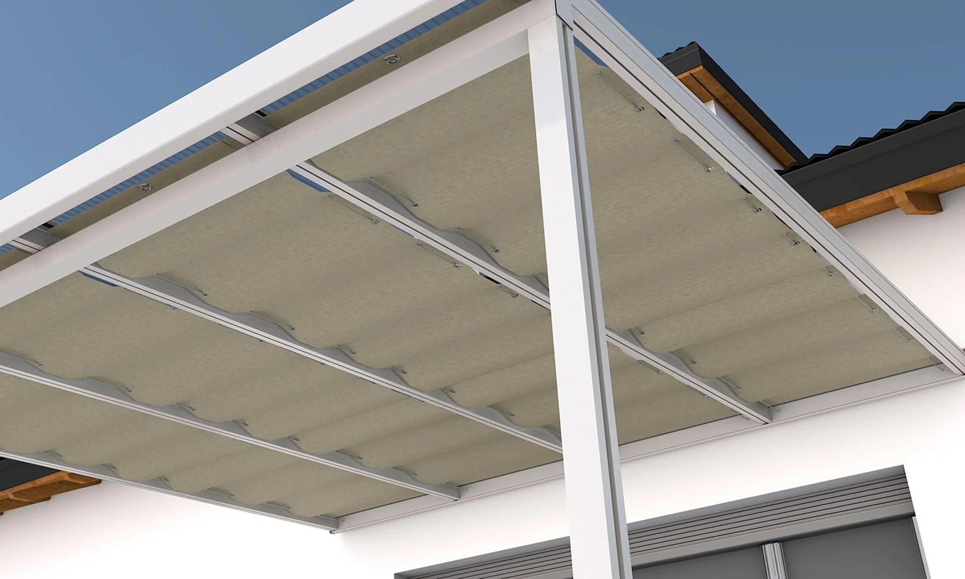 Beschattung mit Seilführung, 945 x 4900 mm - Stoff Sandstone, beige, passend für Dachtiefe 5 m - 3