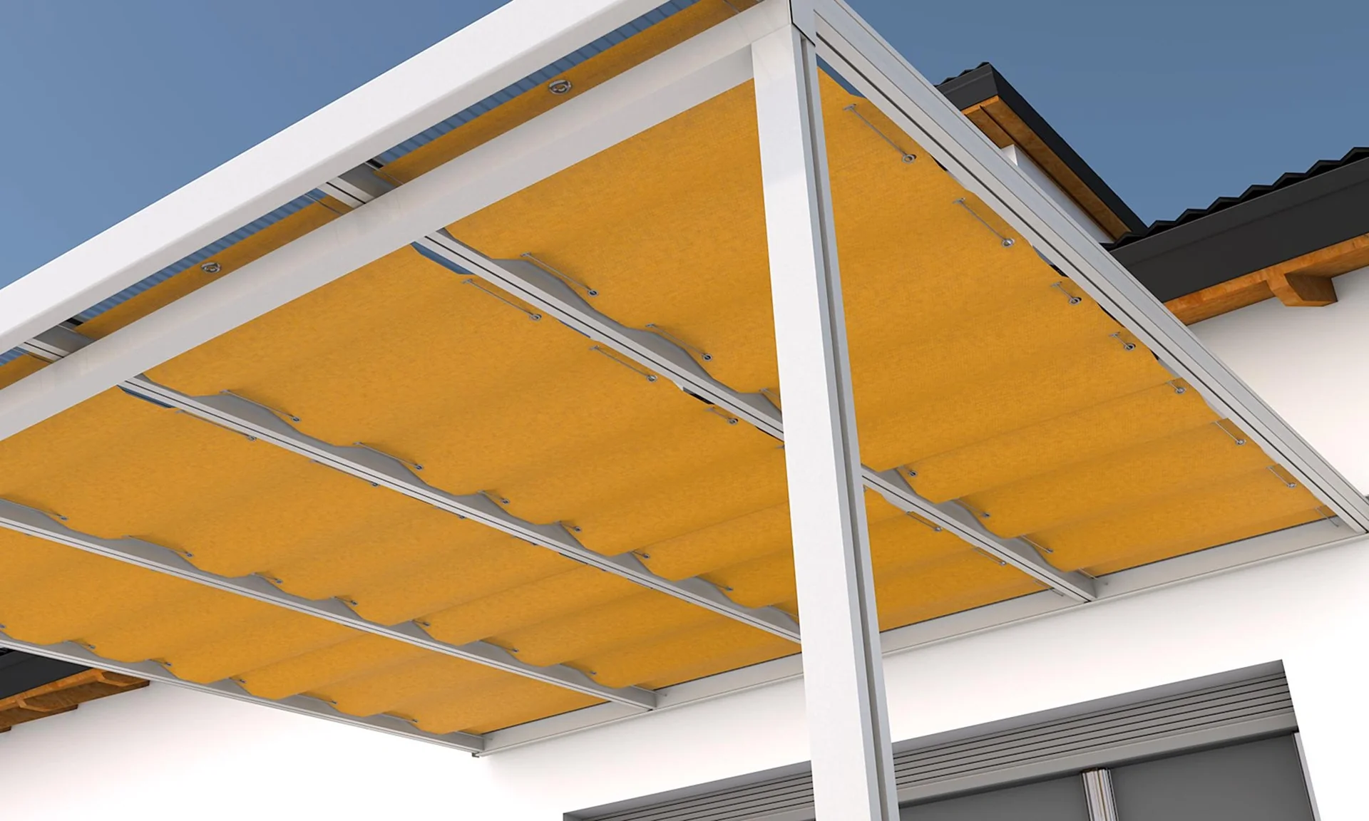 Beschattung mit Seilführung, 945 x 4900 mm - Stoff Golden Crops, orange gestreift, passend für Dachtiefe 5 m - 3