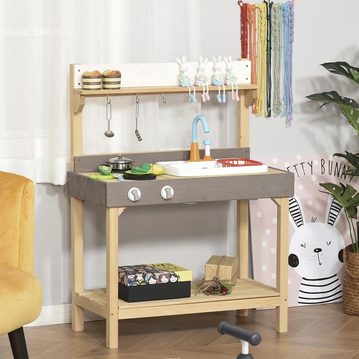 Matschküche mit Wasserhahn Kinderküche mit Zubehör 14-Teilige Spielküche Spielzeugküche Holz Kunststoff Natur+Grau+Weiß - 3