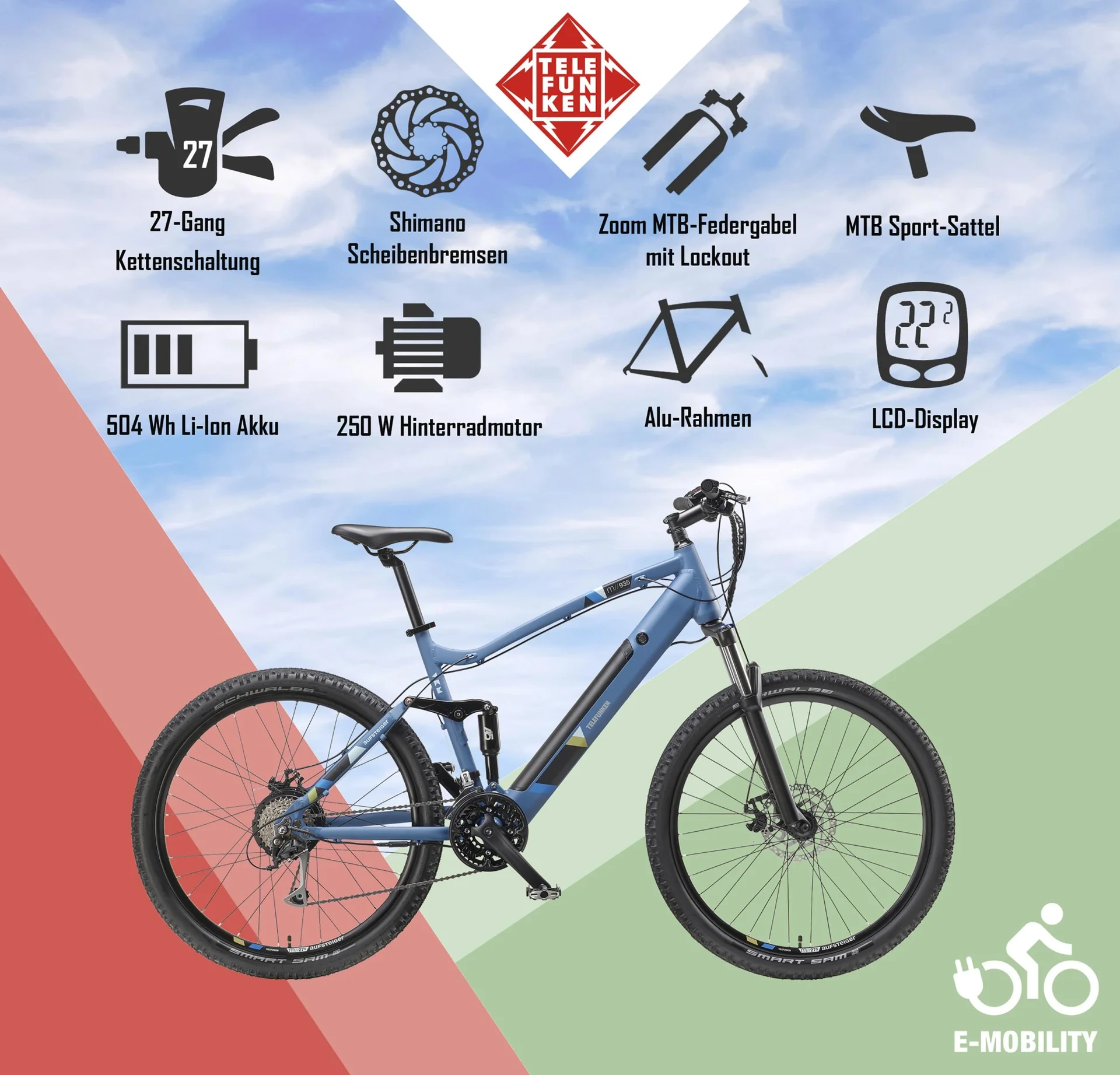 Unisex Alu MTB E-Bike, 27,5 Zoll, 24-Gang Kettenschaltung, blau, Aufsteiger M935 Fully - 9