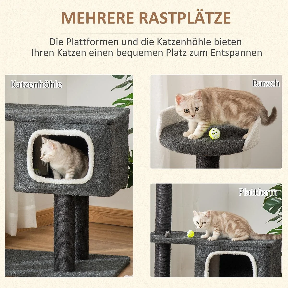Kratzbaum aus Filz Katzenbaum für Katzen Kletterbaum mit Katzenhöhle Sisalstämmen großer Plattform Spielbälle 112 cm Höh - 6