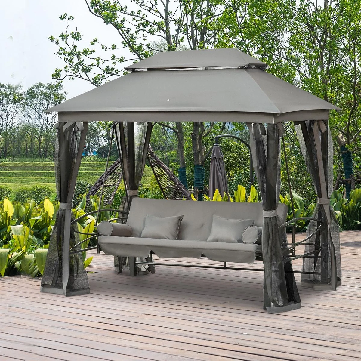 Hollywoodschaukel Gartenschaukel Schaukel mit Seitenwänden 3-Sitzer Dunkelgrau 256 x 172 x 248 cm - 4