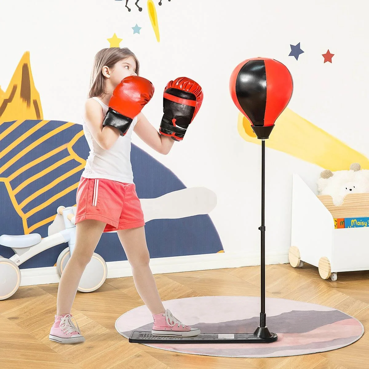 Boxset Boxstand für Kinder Punchingball Set höhenverstellbar 87,5-129,5 cm Standboxsack mit Boxhandschuhe Pumpe für Kind - 5