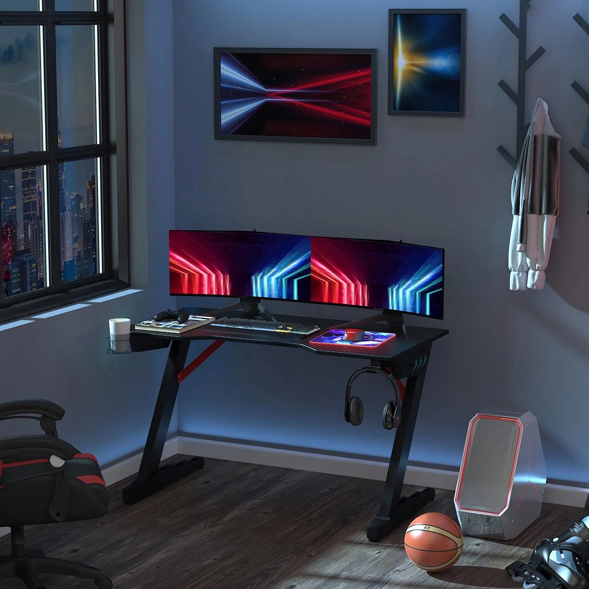 Gaming-Tisch Spieltisch mit LED-Licht Schreibtisch mit Kopfhörerhaken Getränkehalterung Computertisch MDF Metall ABS Sc - 4