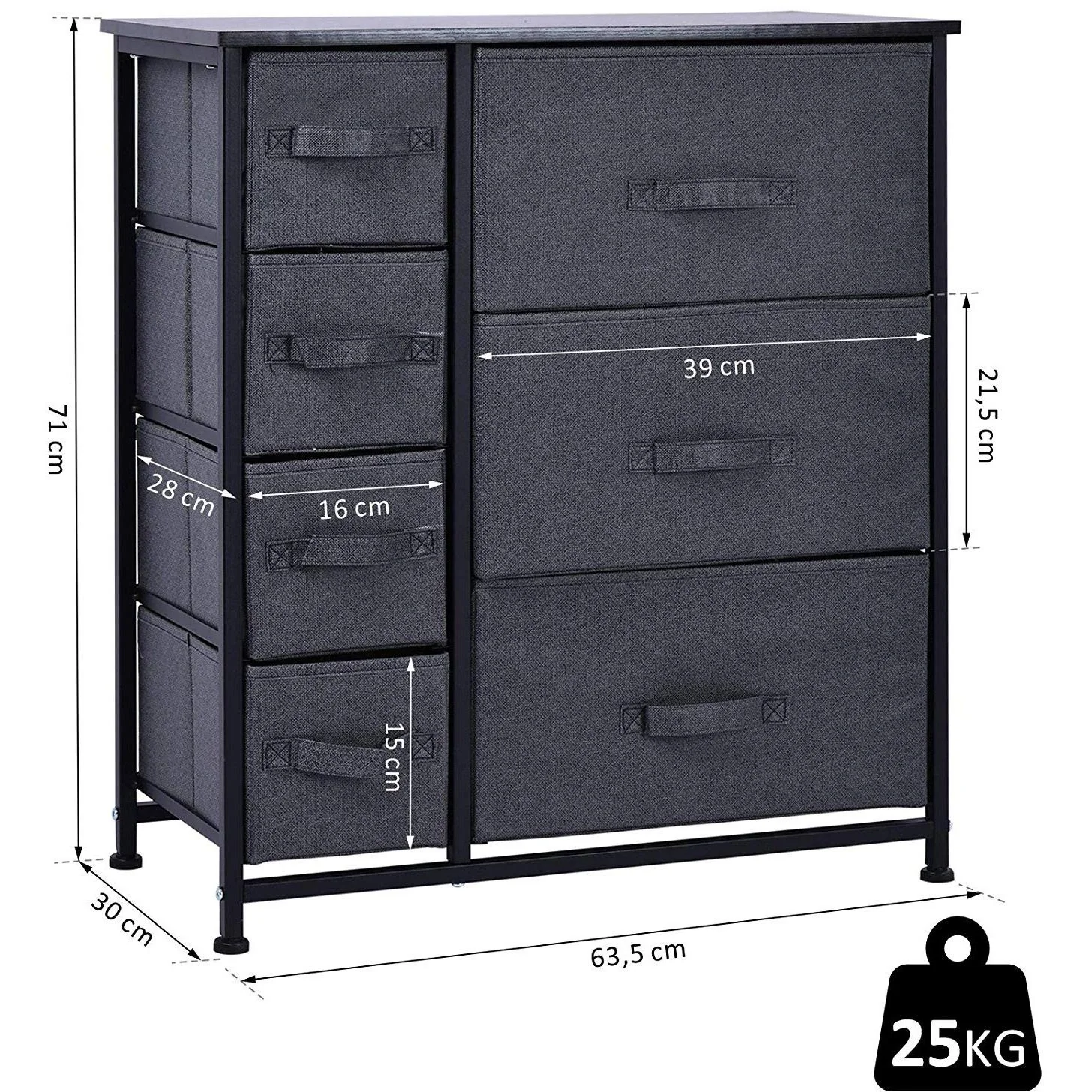 Schubladenschrank Aufbewahrungsschrank mit faltbaren 7 Stoffschubladen Metallgestell + Holz + Leinen Grau 63,5 x 30 x 71 - 4