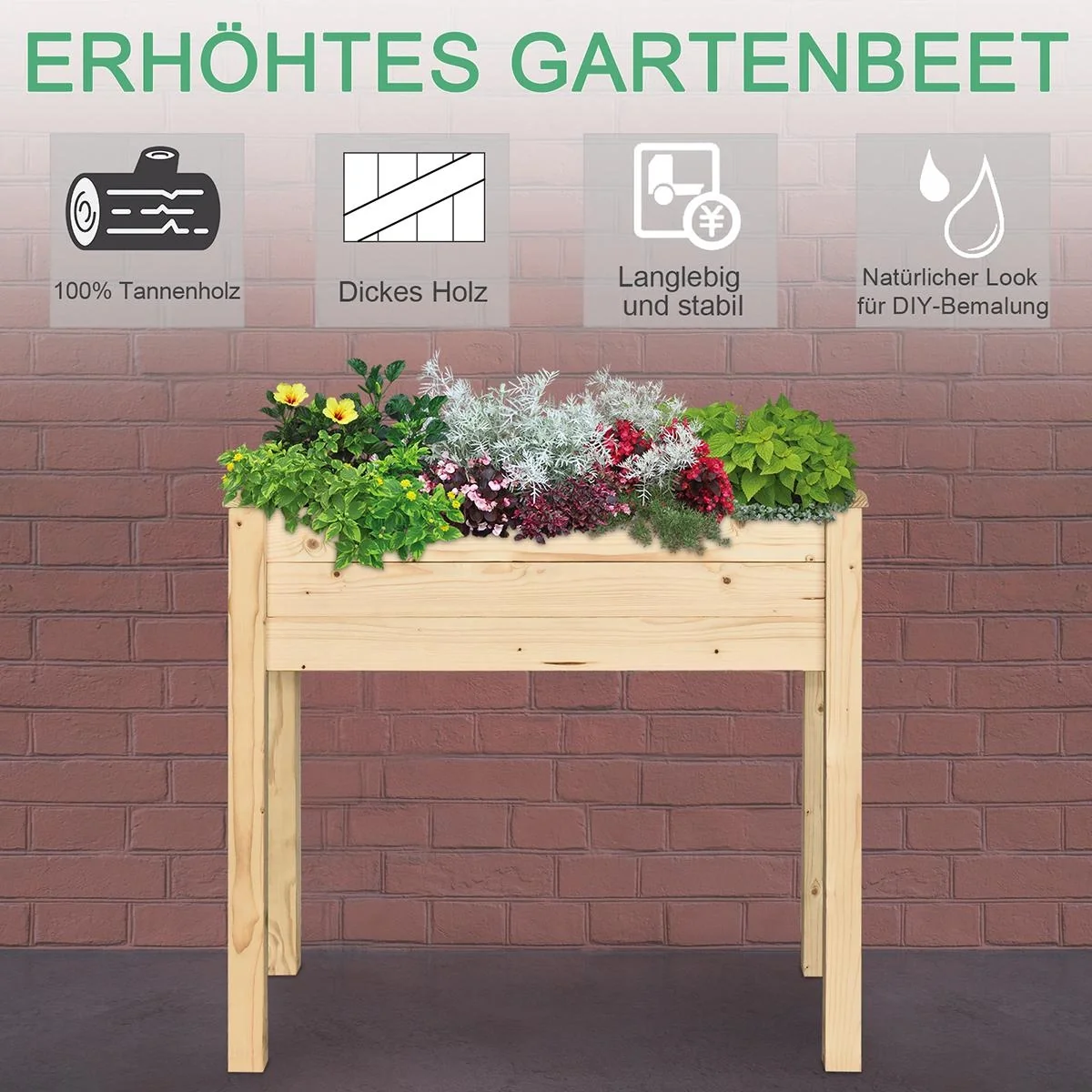 Hochbeet, Pflanzkasten, Blumenkasten, Blumentopf, Kräuterbeet mit Abflusslöchern, Vliesstofftuch, Massivholz Natur 86 x - 5