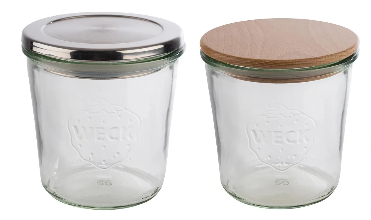 Weck-Gläser mit APS Deckel 2-er Set: 2 Gläser: Ø11 cm x 11 cm, Sturzform 580 ml + Buchenholz Deckel mit Silikondichtung - 6
