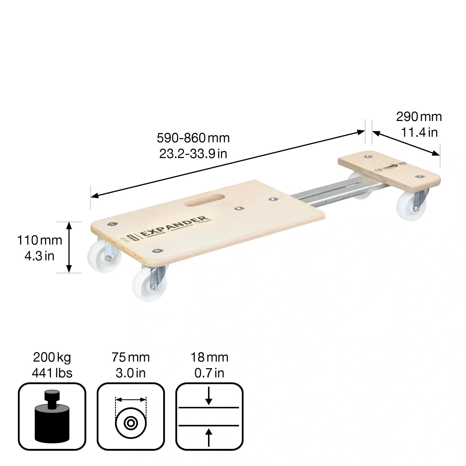 Transporthilfe MM 1331, 59-86 x 29 x 11 cm ausziehbar, harte Rollen Ø 75 mm, Rollenlager, Birke FSC®, Tragkraft 200 kg - 9