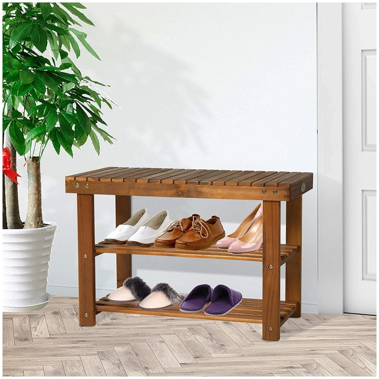 Schuhschrank mit Sitzbank 3 Ablagen Flur Schulregal Akazienholz Teak - 4