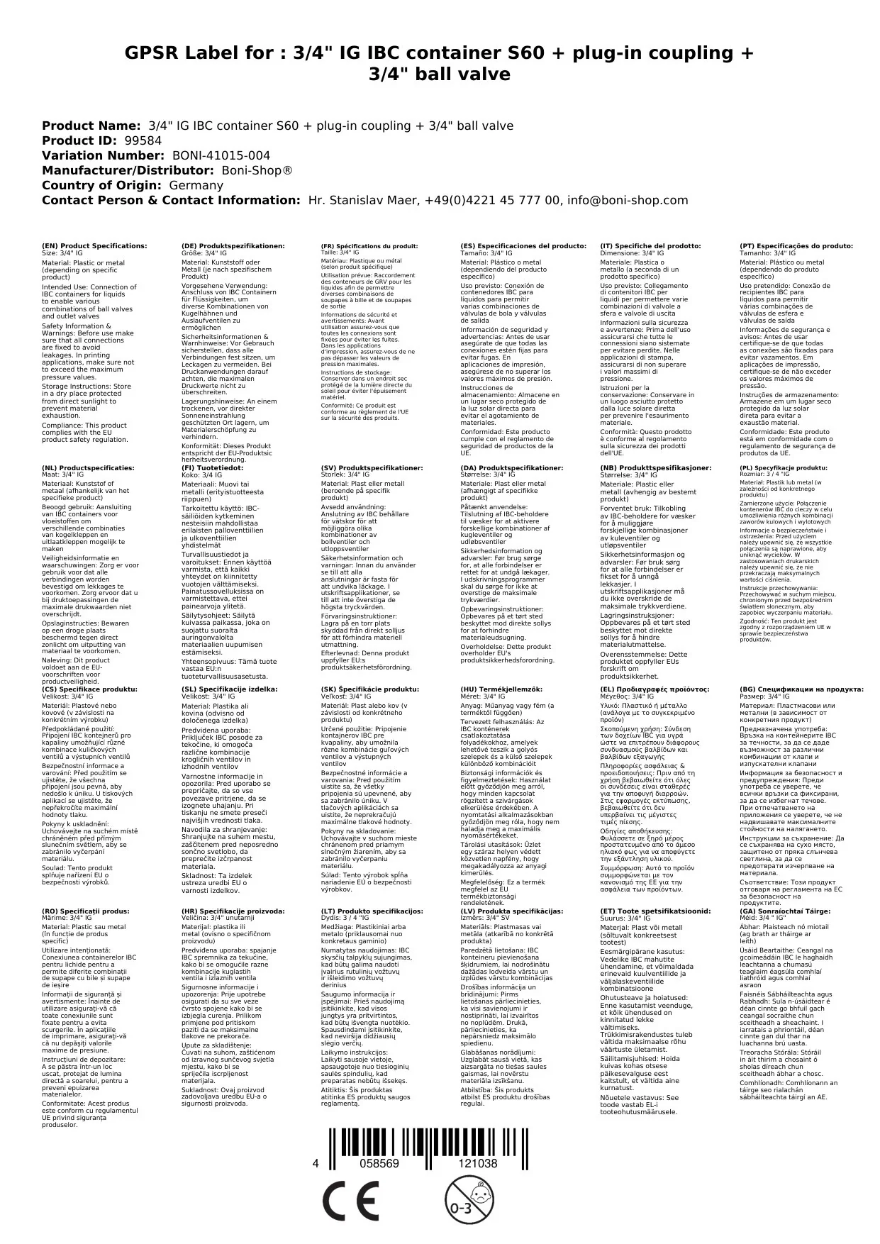 3/4" IG IBC Container S60 + Steckkupplung + 3/4" Kugelhahn-0