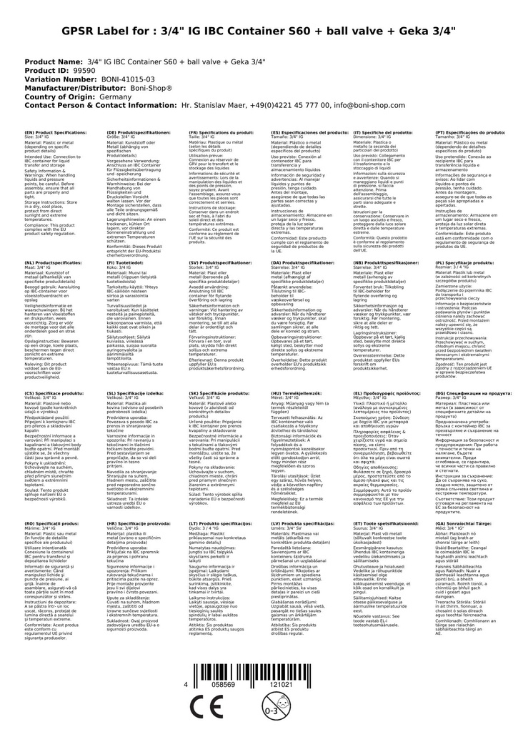 3/4" IG IBC Container S60 + Kugelhahn + Geka 3/4"-1