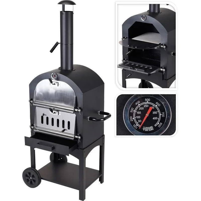 Vargan Holzkohlegrill - Pizzaofen - Smoker - 3-in-1 - Grillfläche 34 x 24 cm - mit Thermometer - 3