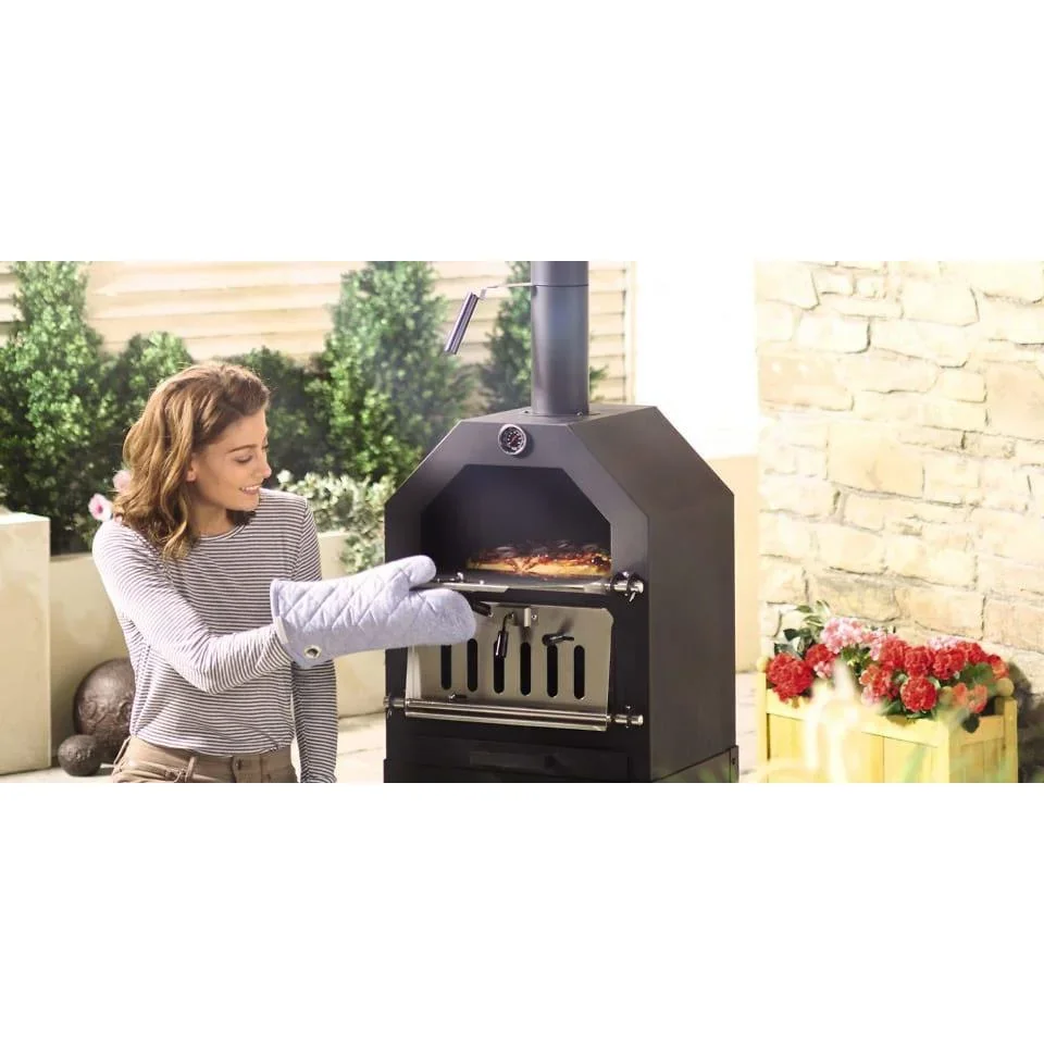 Vargan Holzkohlegrill - Pizzaofen - Smoker - 3-in-1 - Grillfläche 34 x 24 cm - mit Thermometer - 6