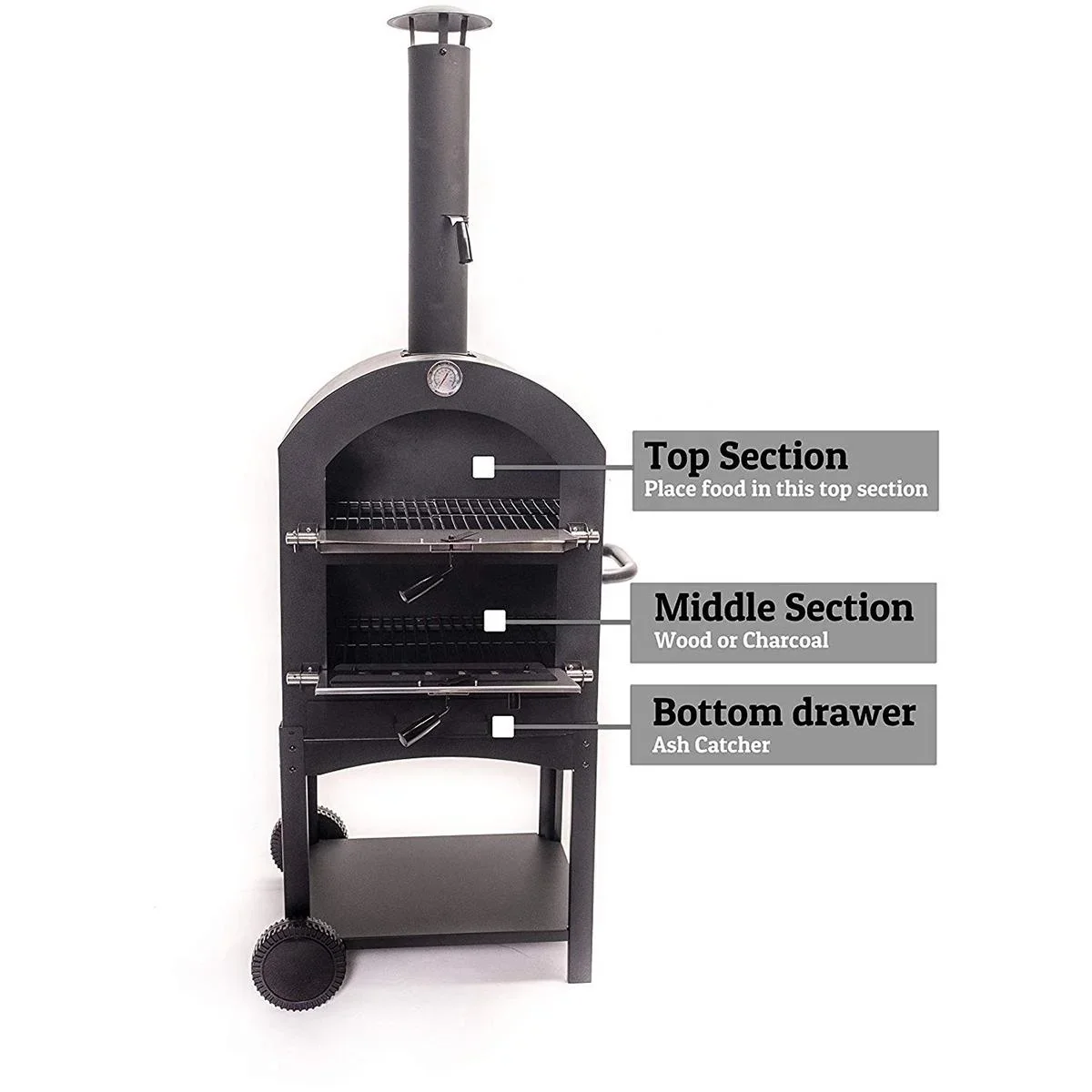 Vargan Holzkohlegrill - Pizzaofen - Smoker - 3-in-1 - Grillfläche 34 x 24 cm - mit Thermometer - 7