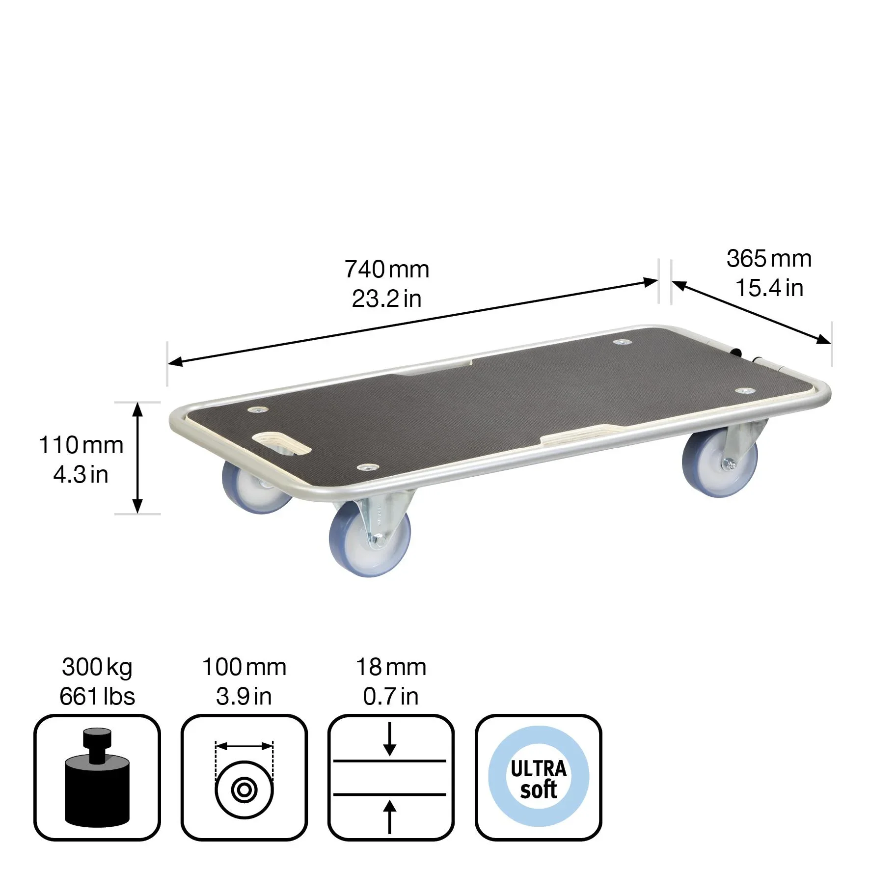 Transporthilfe MM 1345, 74 x 36,5 x 14,5 cm, softe Rollen Ø 100 mm Rollenlager, Bügel, Multiplex FSC®, Tragkraft 300 kg - 5