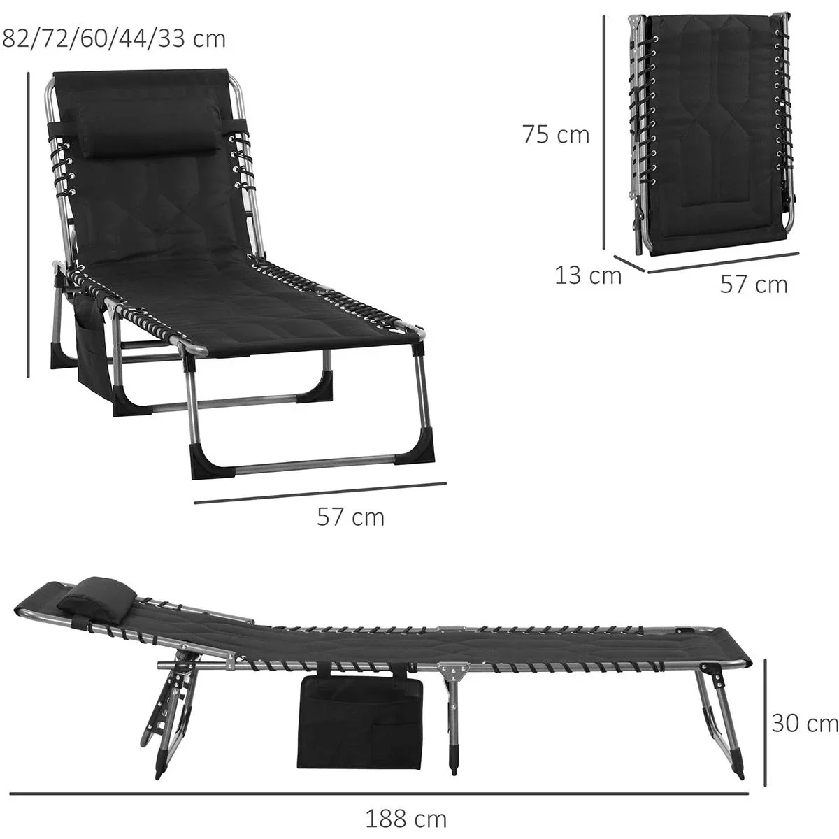 Sonnenliege klappbar - mit Kissen - verstellbar - Schwarz - 188 x 57 x 30 cm - 0