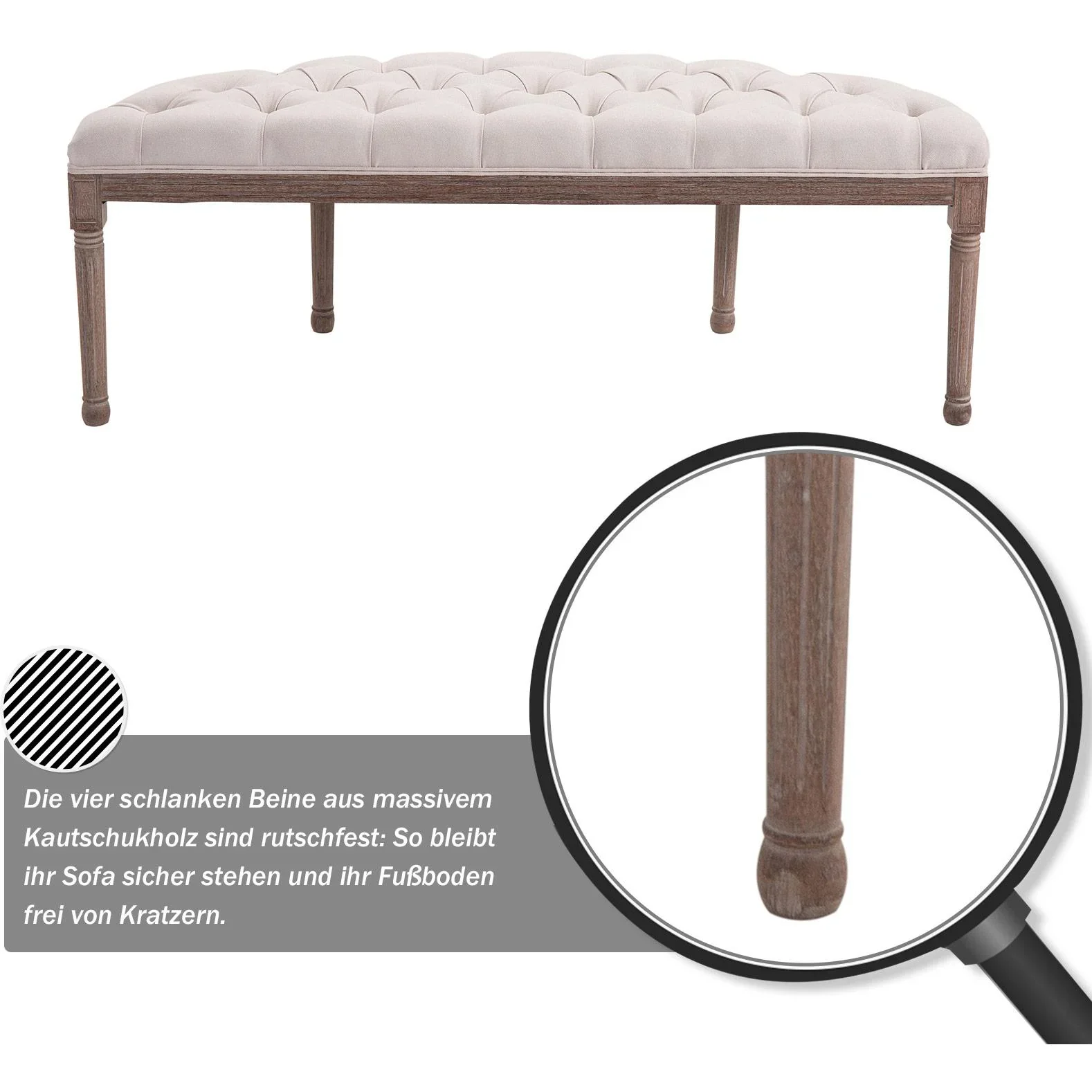 Polsterbank Sitzbank mit Knöpfen Leinen+Holz beige 140,5 x 51 x 48 cm - 0