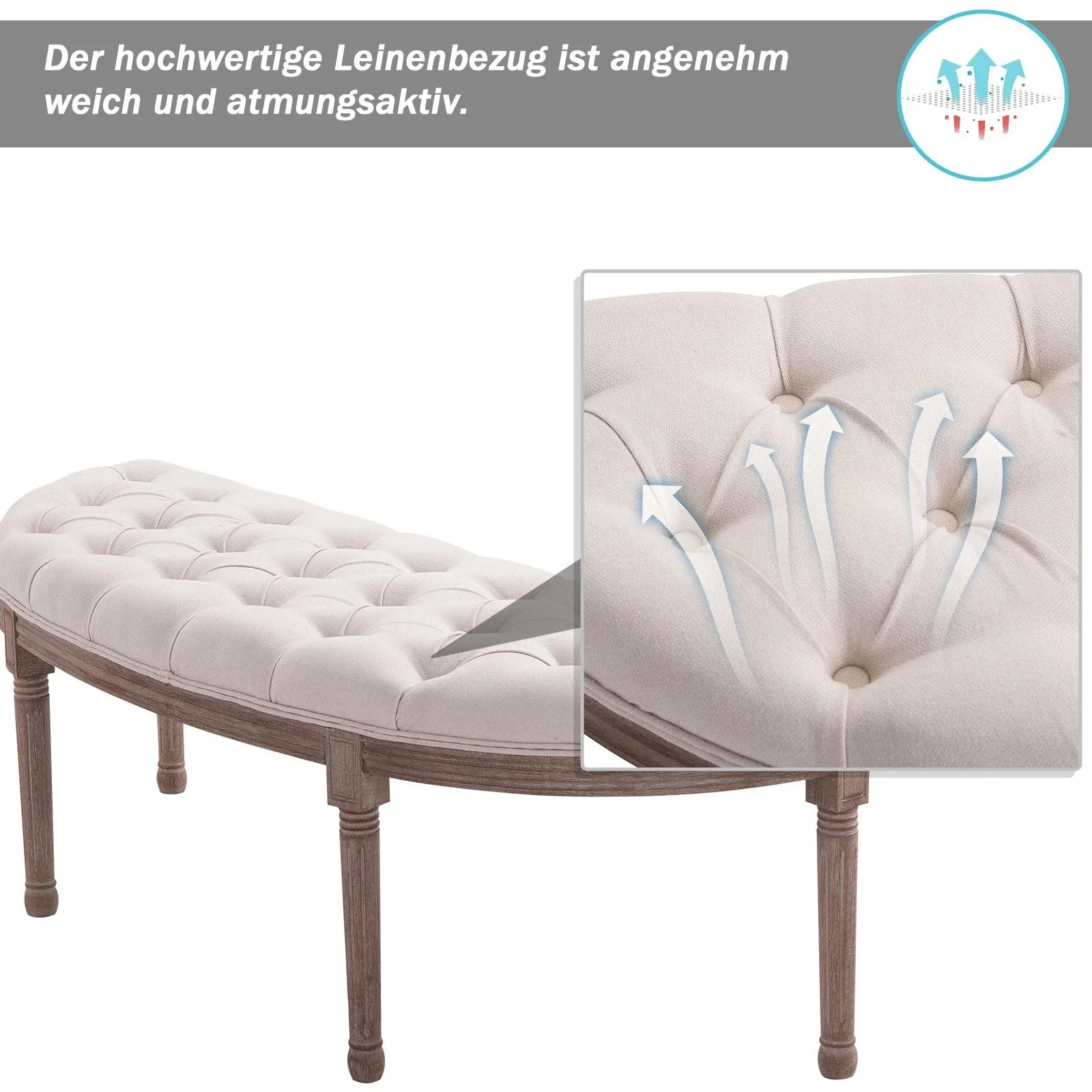 Polsterbank Sitzbank mit Knöpfen Leinen+Holz beige 140,5 x 51 x 48 cm - 1