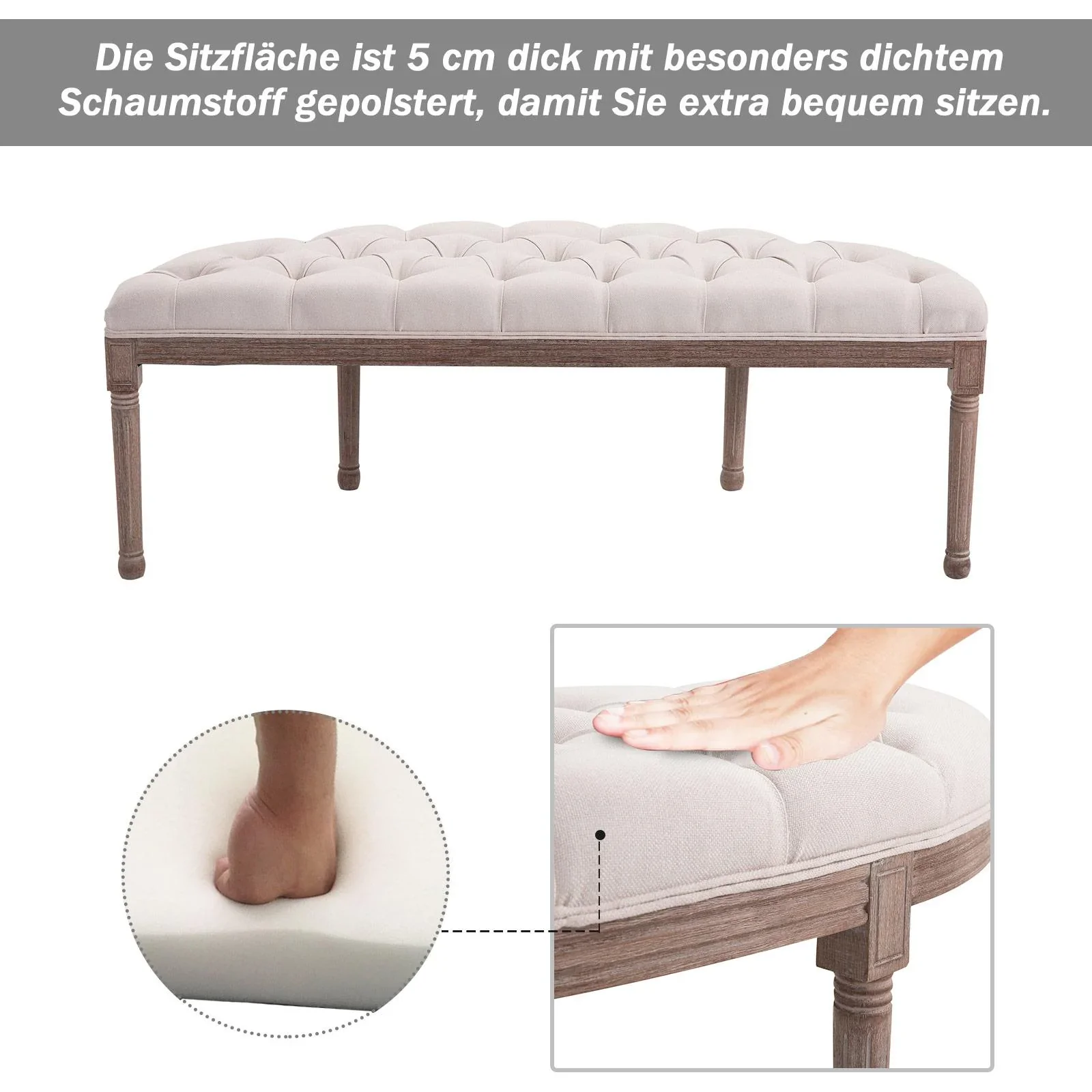Polsterbank Sitzbank mit Knöpfen Leinen+Holz beige 140,5 x 51 x 48 cm - 4
