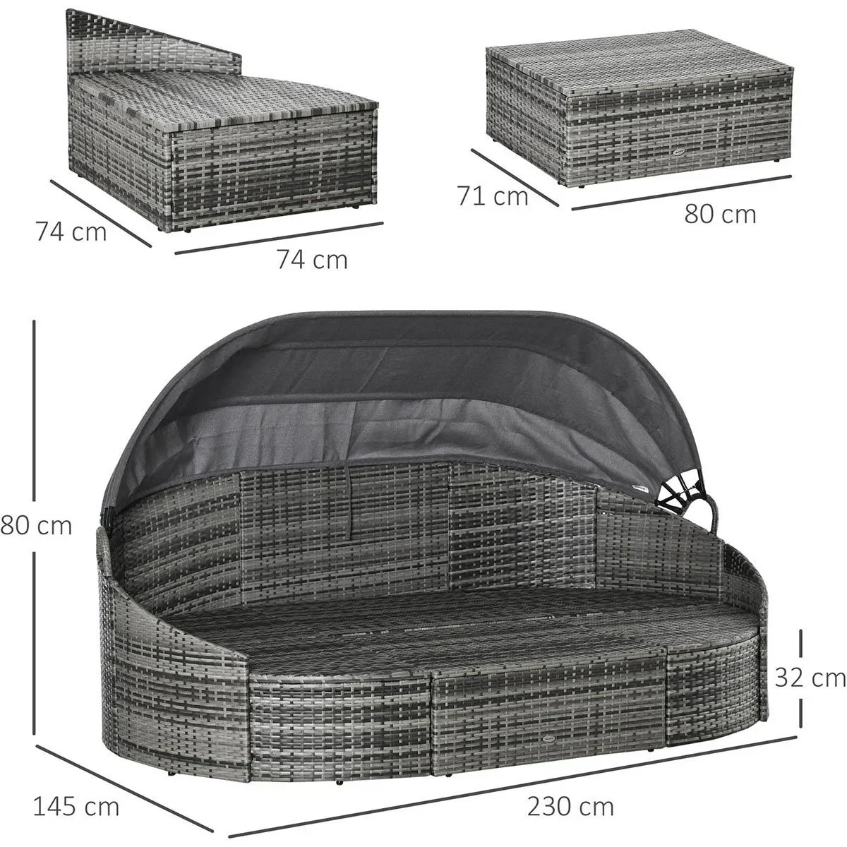Rattan Sonneninsel 4-teilige Liegeinsel mit Sonnendach Sitzgruppe 4 Kissen Metall Grau 230 x 145 x 80 cm - 2
