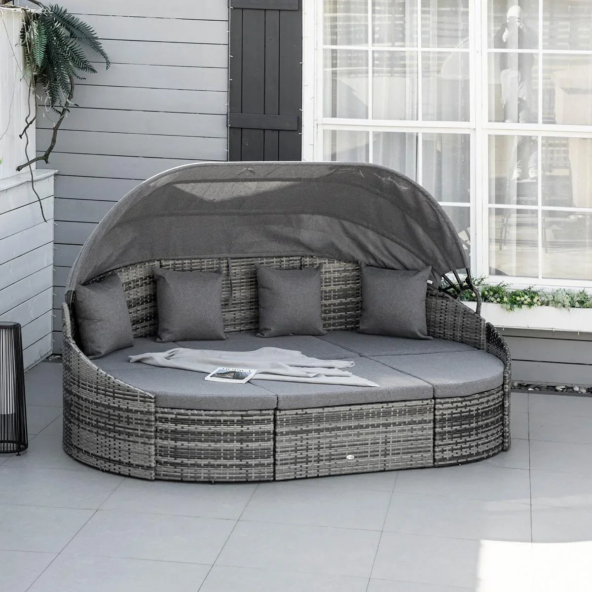 Rattan Sonneninsel 4-teilige Liegeinsel mit Sonnendach Sitzgruppe 4 Kissen Metall Grau 230 x 145 x 80 cm - 3