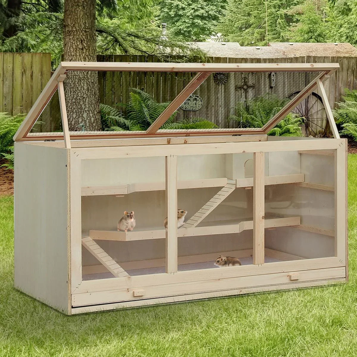 Hamsterkäfig Nagerkäfig Mäusekäfig Mit Treppen Nagervilla Dreistöckig Massivholz PVC Natur 115 x 57 x 55 cm - 0