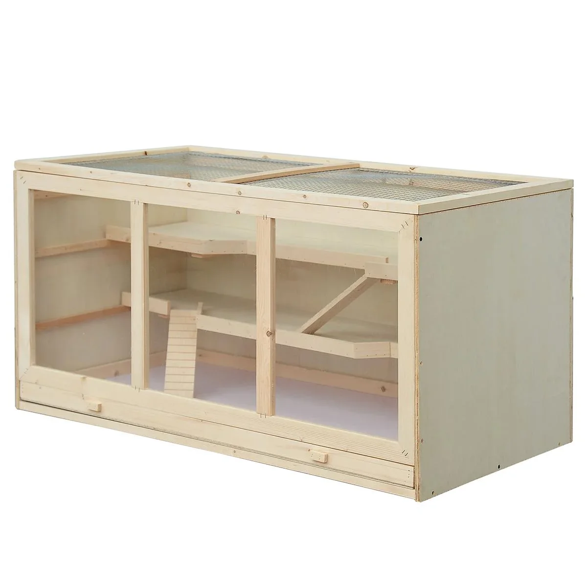Hamsterkäfig Nagerkäfig Mäusekäfig Mit Treppen Nagervilla Dreistöckig Massivholz PVC Natur 115 x 57 x 55 cm - 2