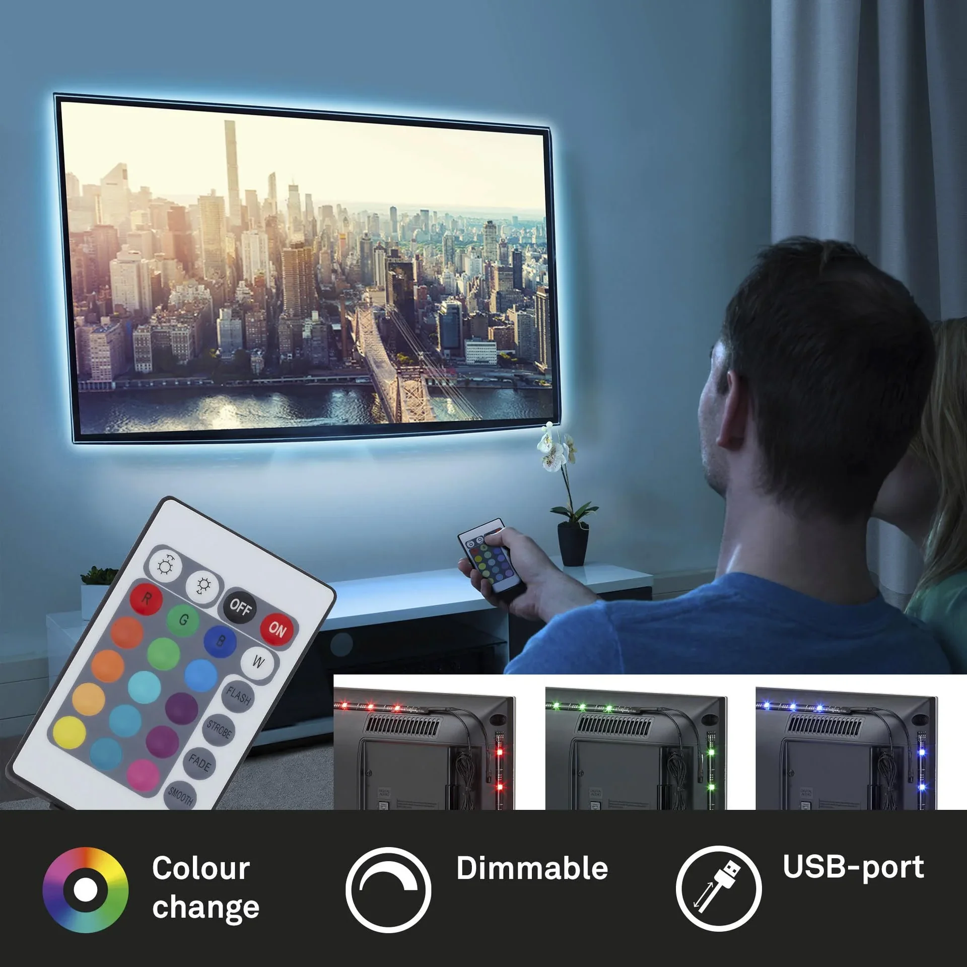 TV-LED Beleuchtungs-Set 2 m Farbwechsel, 48 RGB-LEDs, 3 x Verbinder und 3 x Verbindungskabel - 8