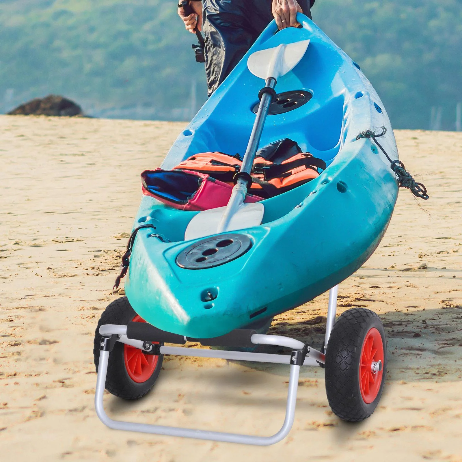 Kanuwagen Kajakwagen Surfwagen klappbar mit Gurt Luftreifen gepolstert Alu Silber bis 90 kg L70 x B40 x H42 cm - 2