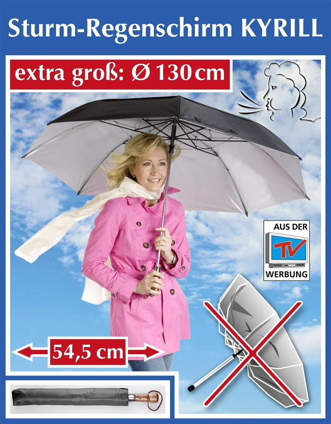 Sturm-Regenschirm "Kyrill", Schwarz/ Silberfarben - 0