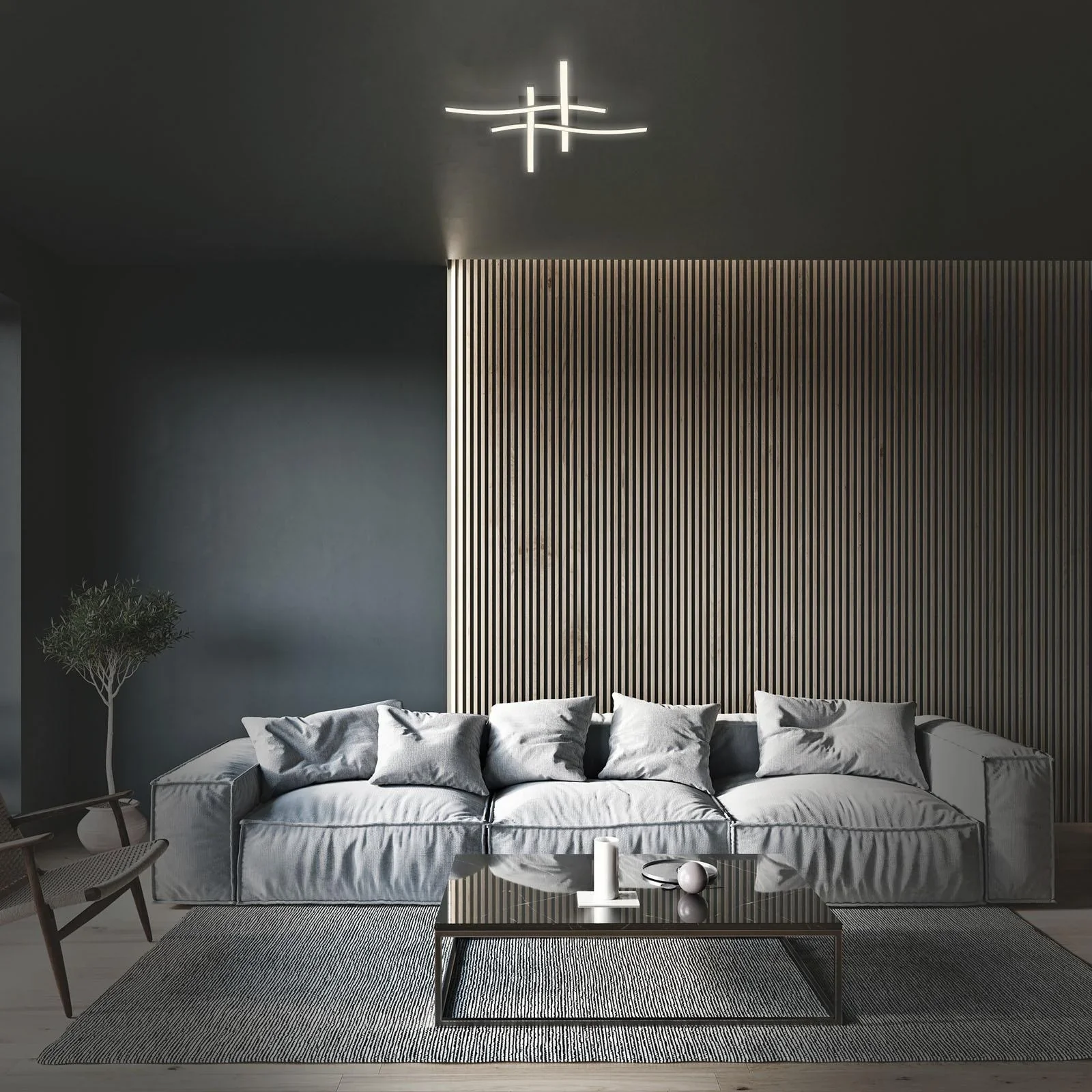 LED Wand- und Deckenleuchte, 4 LED Stäbe geschwungen, schwarz, 16 Watt, 1400 lm, 3.000 K - 4