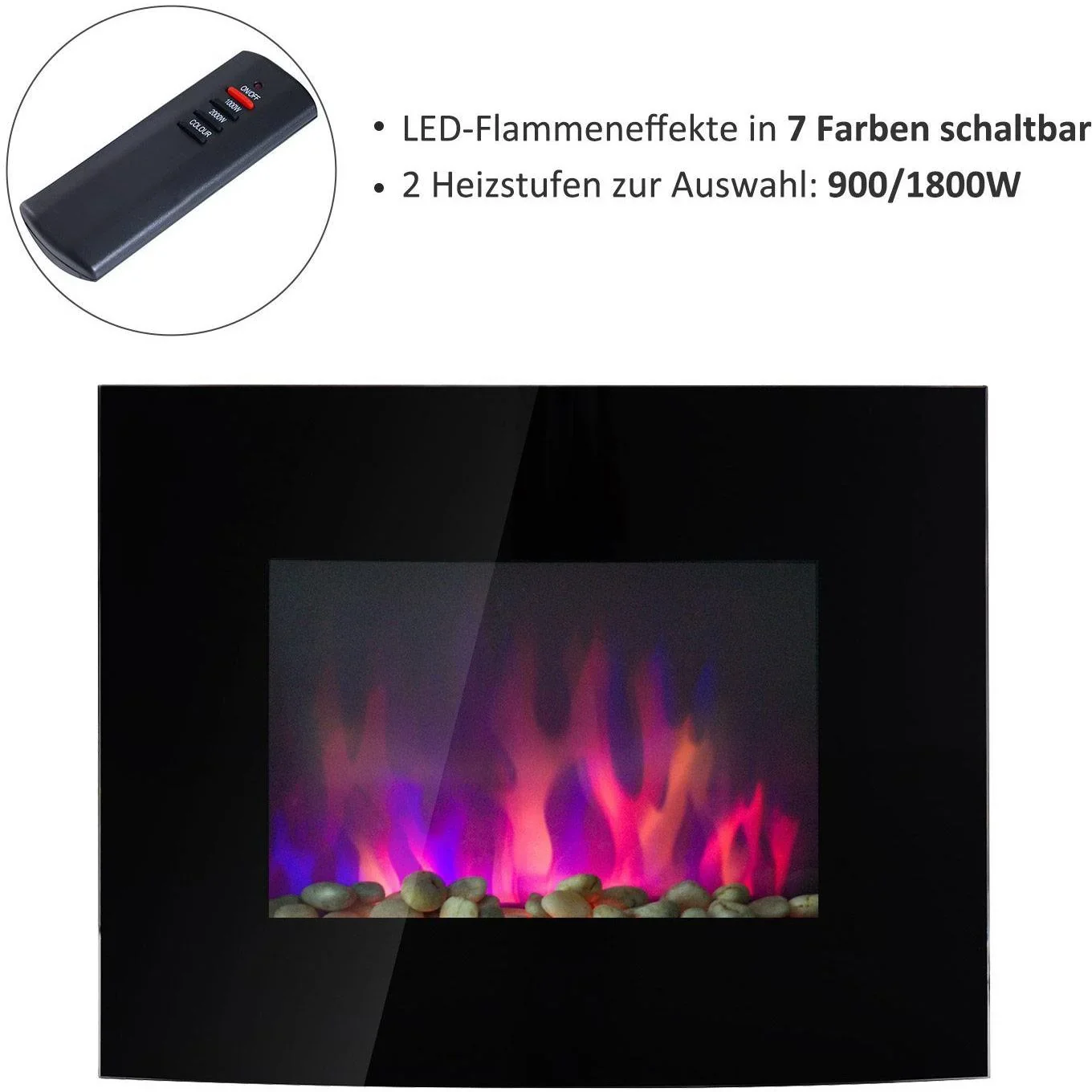 Elektrokamin Wandkamin 1800 Watt LED Fernbedienung Schwarz - 3