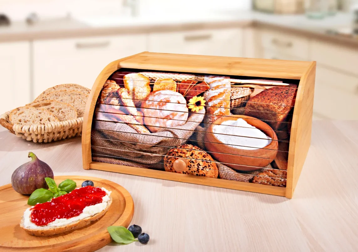 Bambus Brotkasten mit Rolldeckel (Motiv: Brotauswahl) - 2
