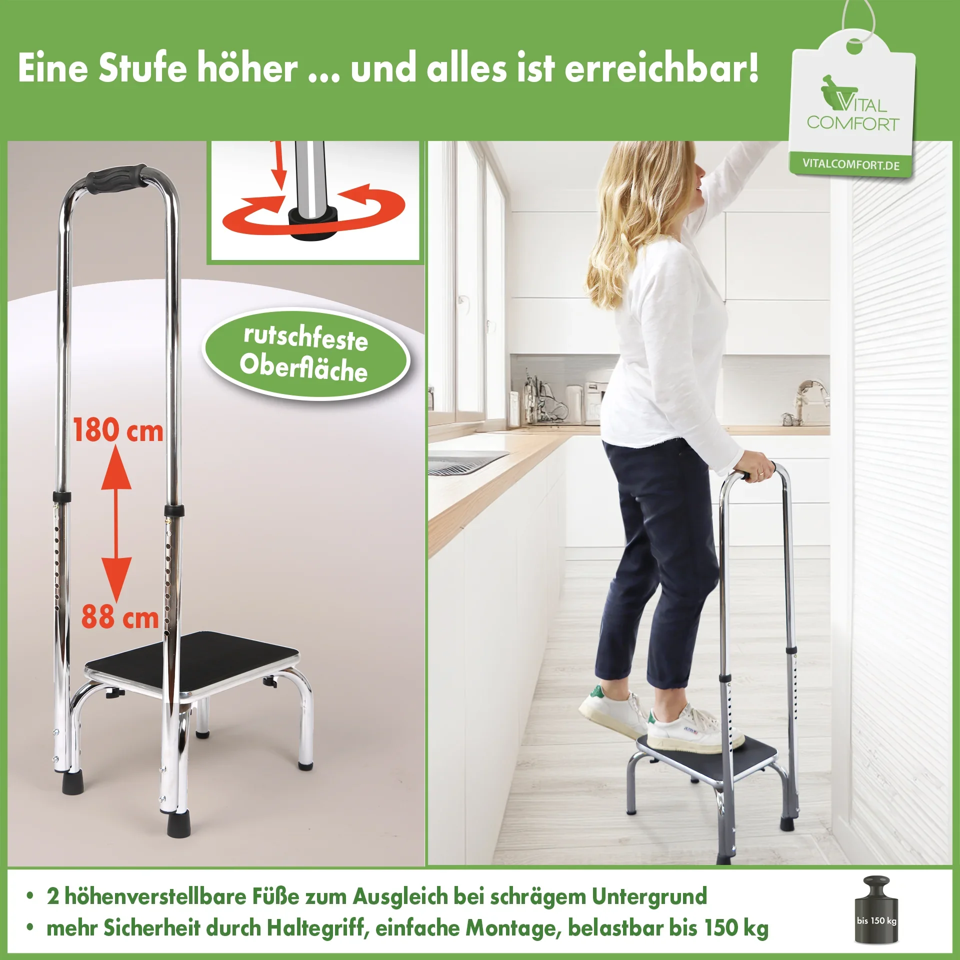 Trittstufe mit höhenverstellbarem Haltegriff, chrom, 88 - 108 cm - 3