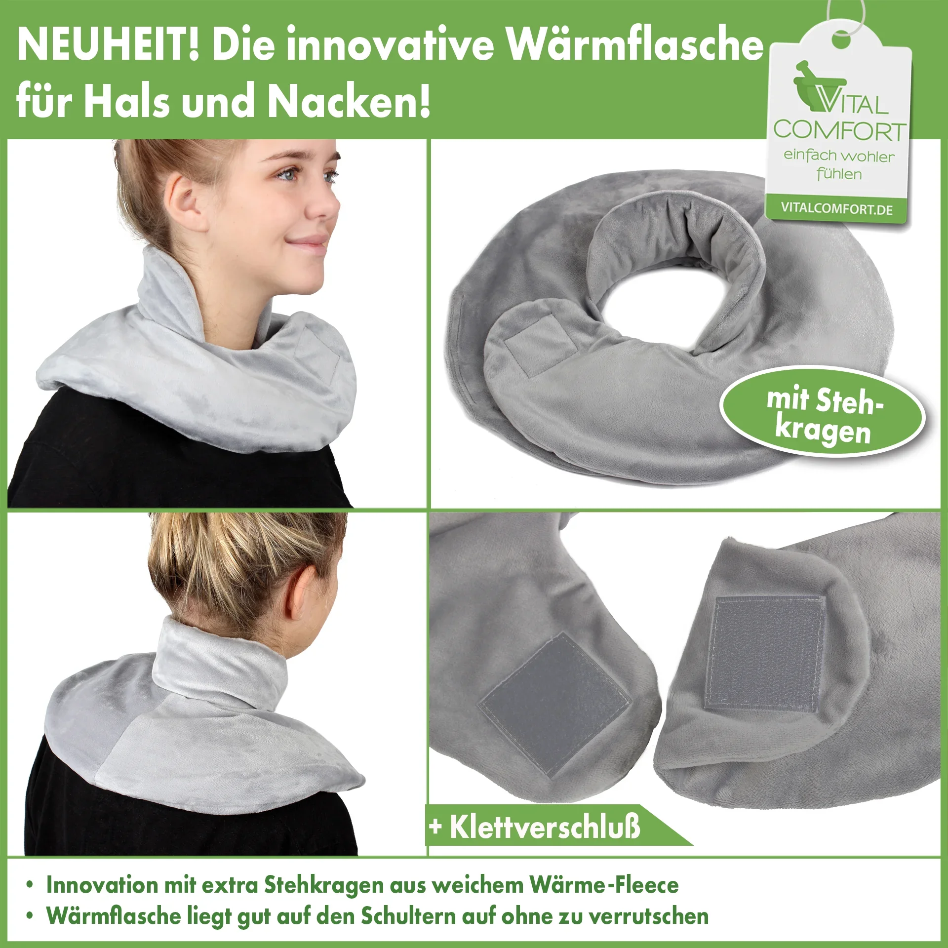 Nacken-Wärmflasche mit Nackenfleece, grau - 0