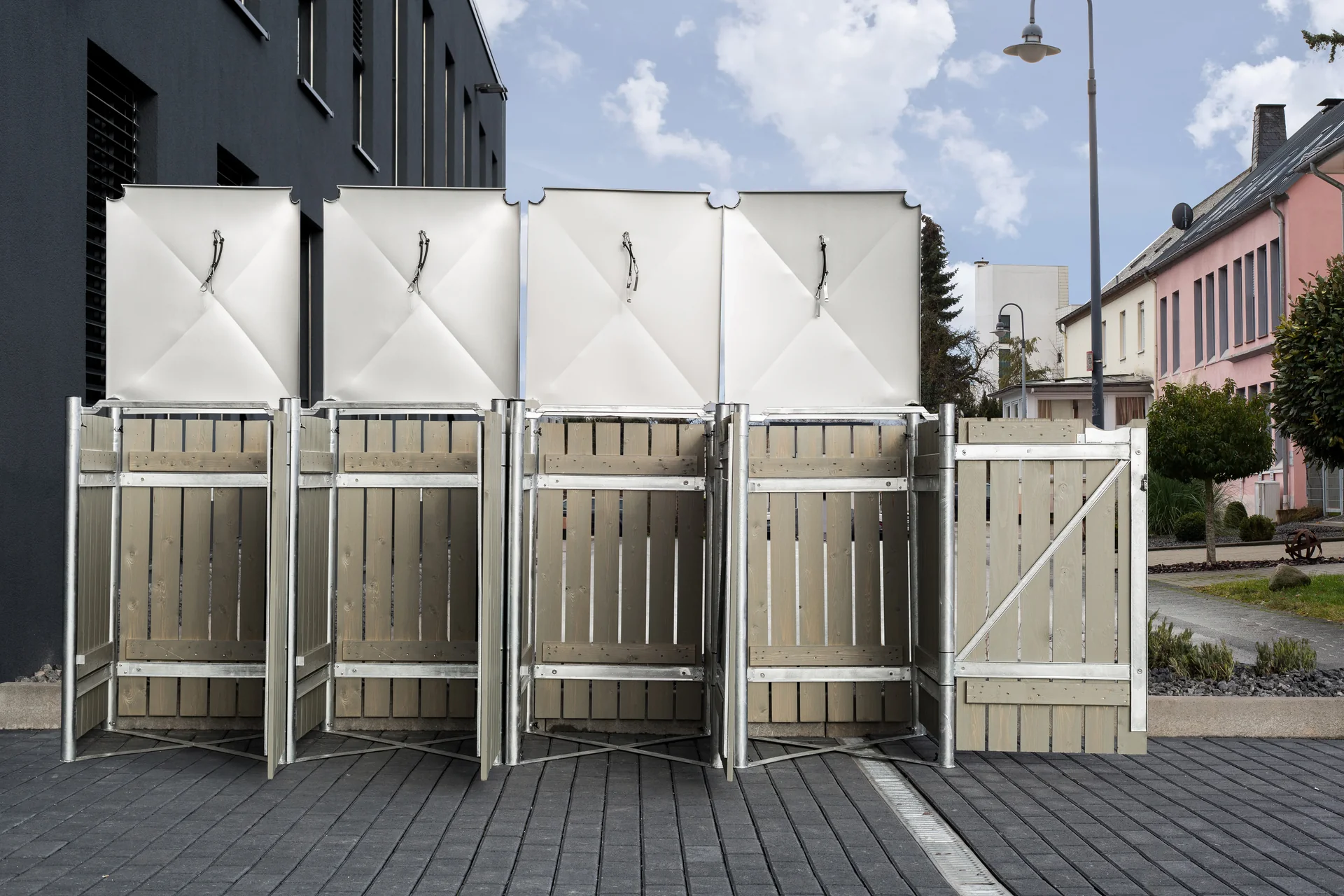 Mülltonnenbox 4-fach, Holz natur grau, für 240 l Tonnen - 1