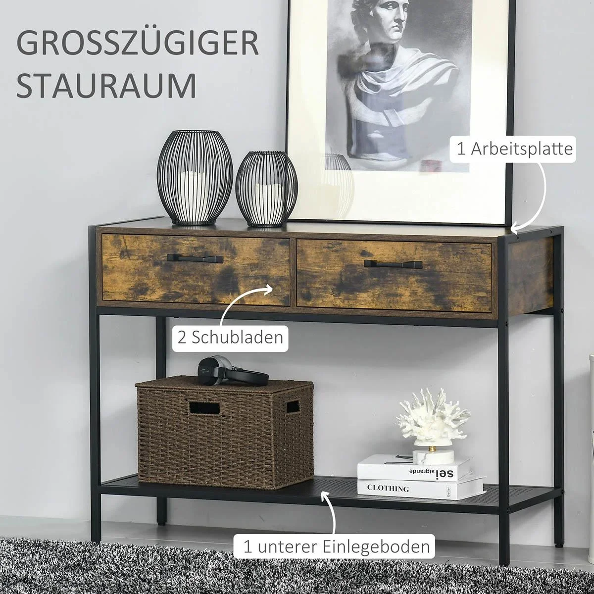 Konsolentisch mit 2 Schubladen Ablageboden Industriedesign Flurtisch Beistelltisch Sideboard für Wohnzimmer Flur Metall - 2
