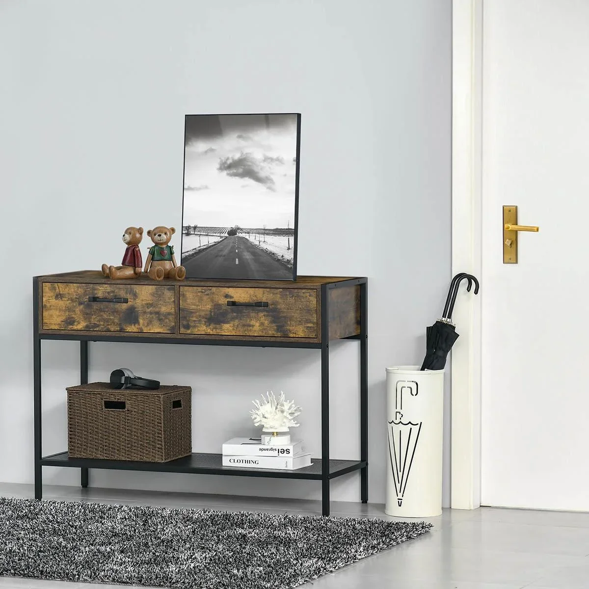 Konsolentisch mit 2 Schubladen Ablageboden Industriedesign Flurtisch Beistelltisch Sideboard für Wohnzimmer Flur Metall - 3