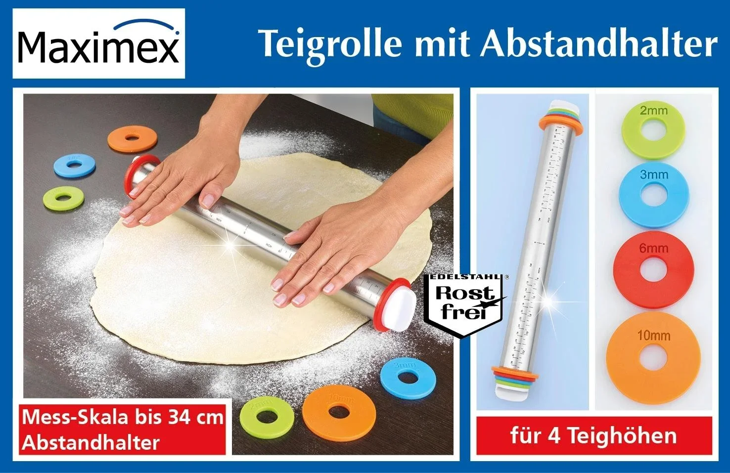 Edelstahl-Teigrolle mit Abstandhaltern und Messskala - 4