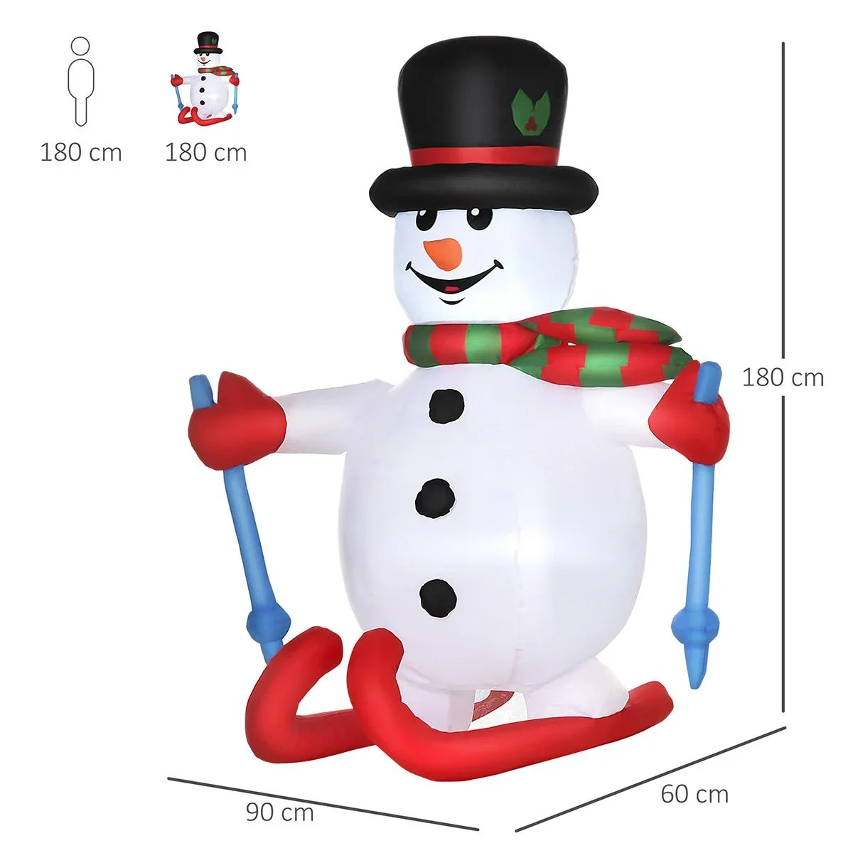 Aufblasbarer Skischneemann mit LED-Lichtern, Rasendekoration, Weihnachten, IP44, Weiß, 90 x 60 x 180 - 1