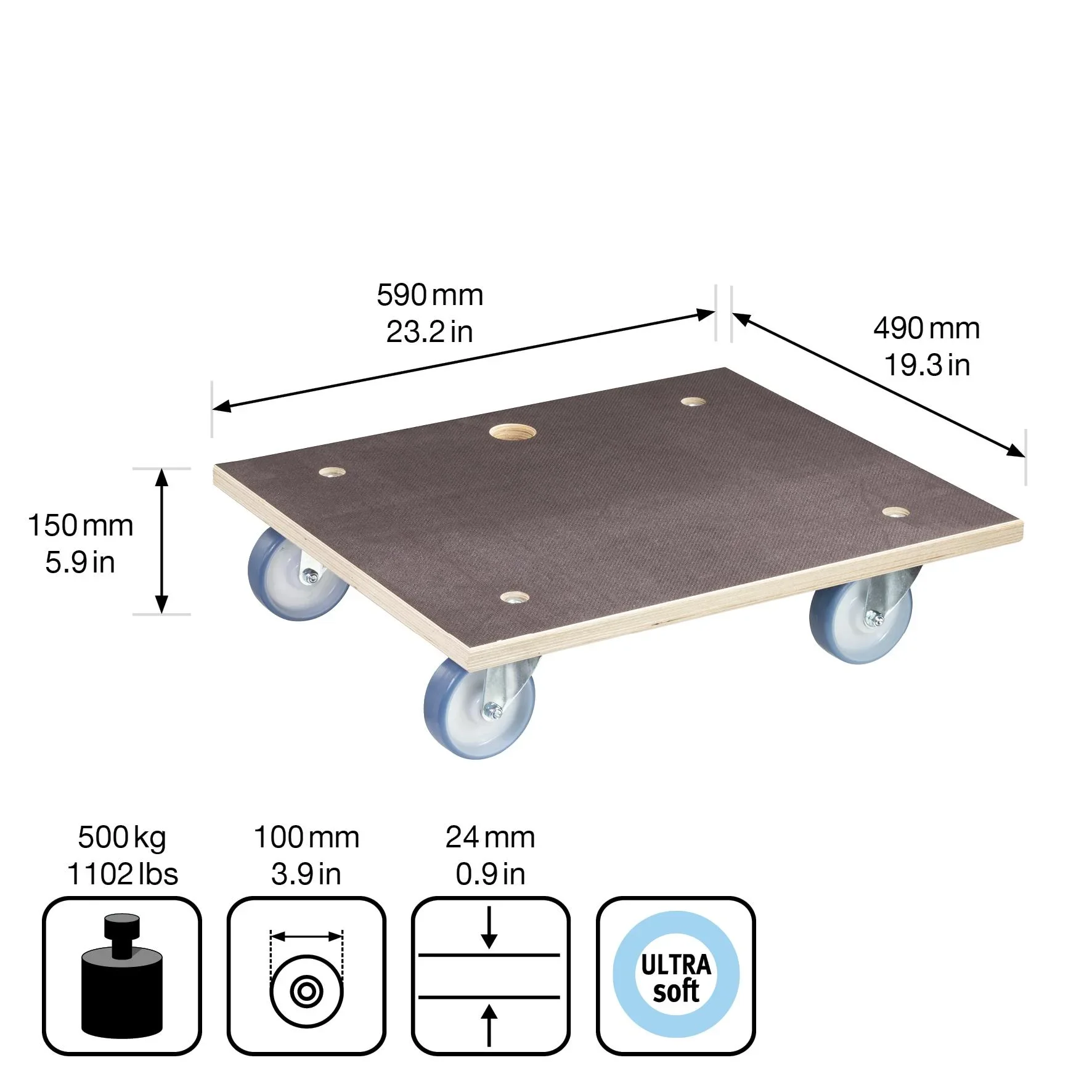 Transporthilfe MM 1145, 59 x 49 x 15 cm, softe Rollen Ø 100 mm, Rollenlager, Platte Maxigrip FSC®, Tragkraft 500 kg - 1