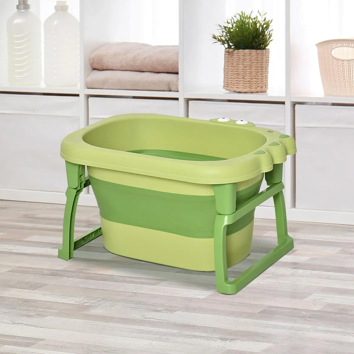faltbare Babywanne Babybadewanne 2 in 1 Design mit rutschfesten Fußpolster Stützstangen Hocker faltbare Babywanne Badewa - 0