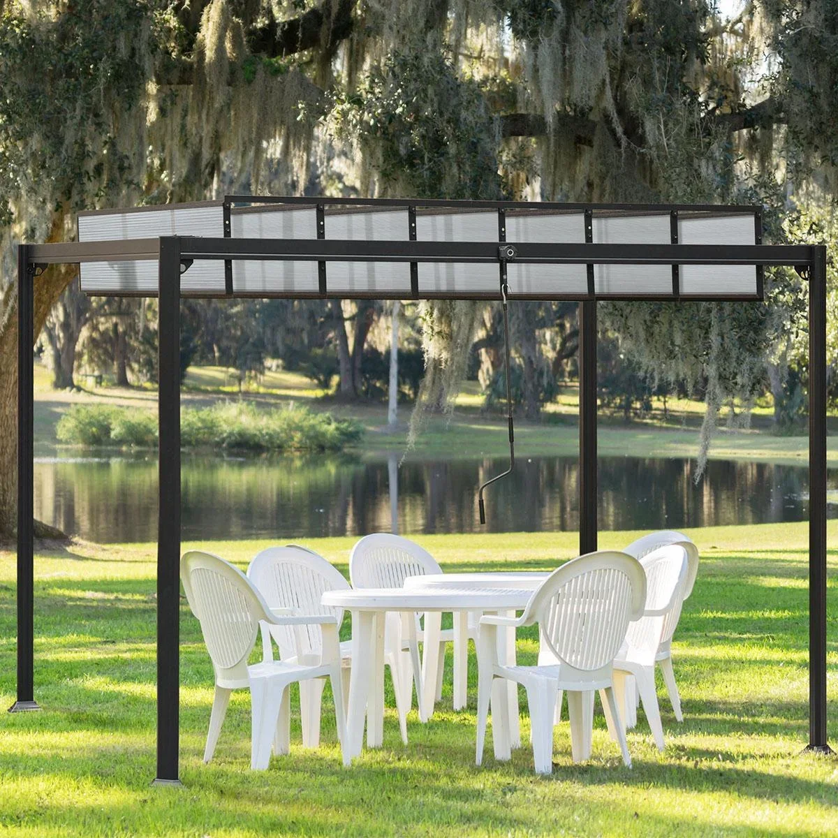 Gartenpavillon BBQ-Pavillon mit Handkurbel Dach einstellbar wetterfest Aluminium PC-Platte Grau 3 x 3 x 2,25 m - 2