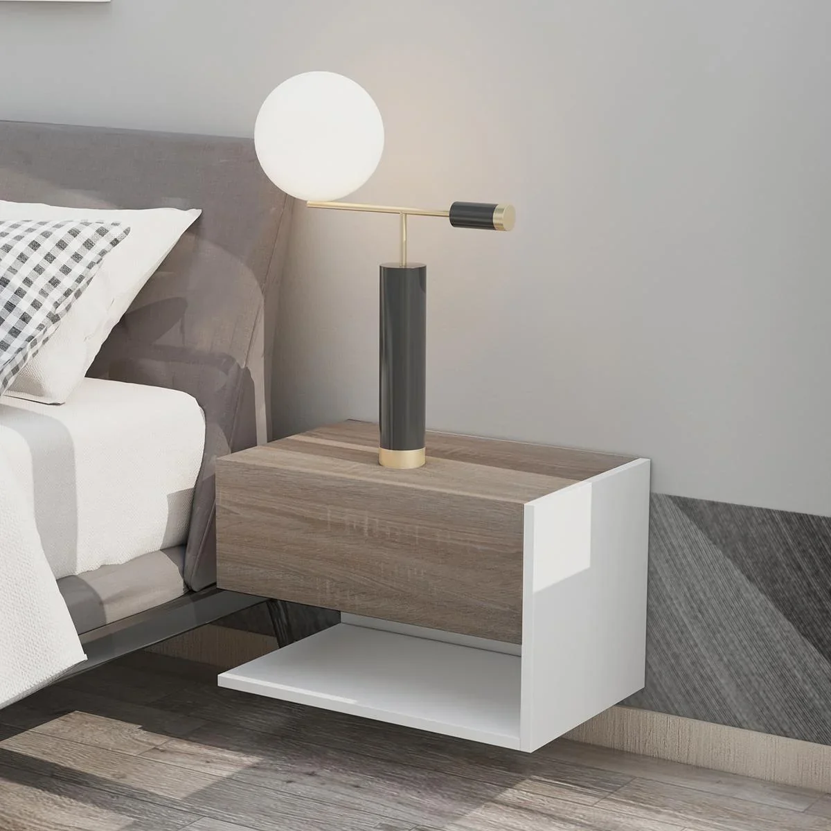 2 tlg. Wandnachttische Nachttisch Wandschrank mit Schublade, Schlafzimmer Nachtkommode, Beistelltisch, Spanplatte, Eiche - 2