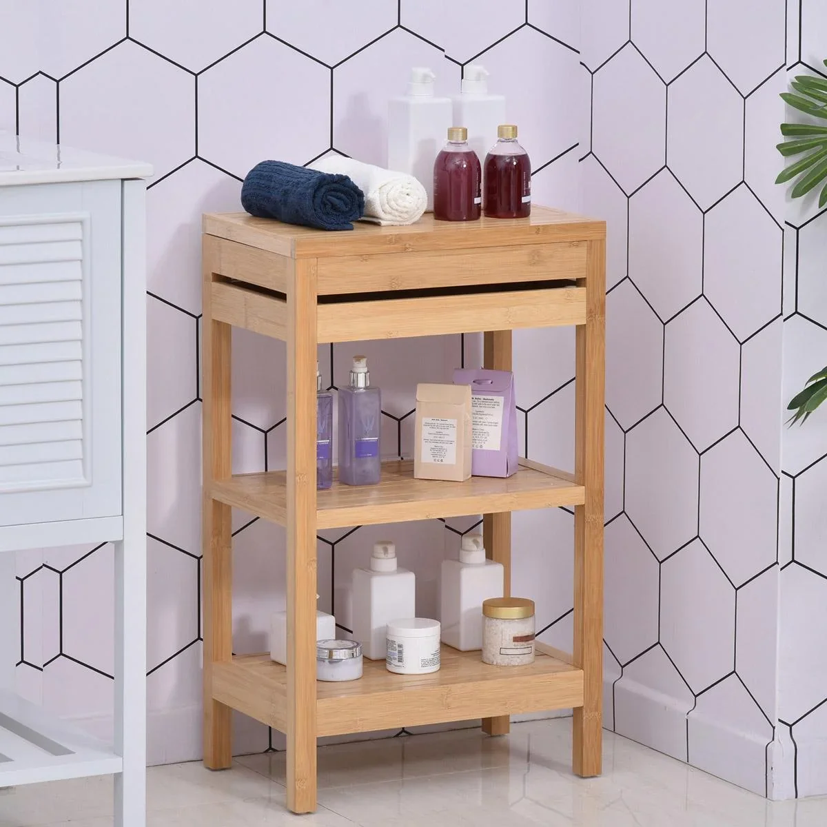 Badregal, Badzimmerregal mit Klappdeckel, Badezimmer Standregal mit 2 Ablagen, Bambus, Natur, 46 x 29,5 x 76,5 cm - 0