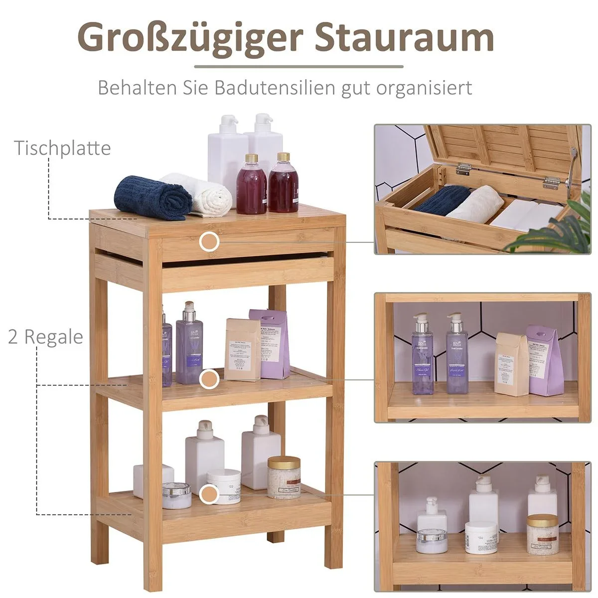 Badregal, Badzimmerregal mit Klappdeckel, Badezimmer Standregal mit 2 Ablagen, Bambus, Natur, 46 x 29,5 x 76,5 cm - 1