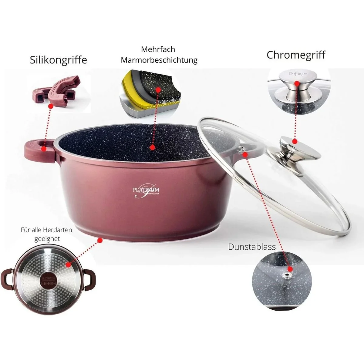 Bratentopf/Bräter - mit Deckel - 28 cm - Burgunderrot - 1